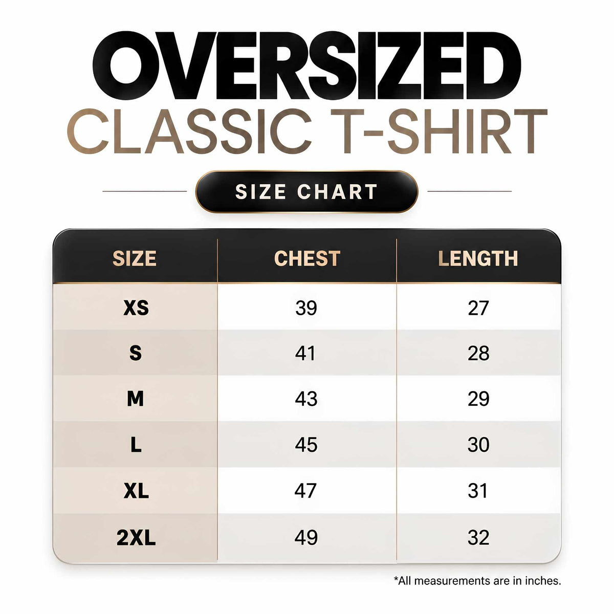 VMAA unisex oversized T-shirt size chart showing chest and length measurements in inches for sizes XS to 2XL.png