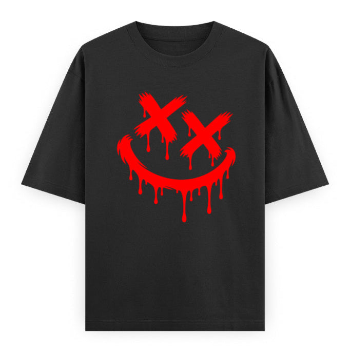 VMAA Black oversized T-shirt featuring a red dripping smiley face graphic with X-shaped eyes and a dripping smile.png