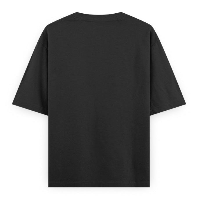 Back view of a black VMAA unisex oversized T-shirt showing the plain back and short sleeves.jpg